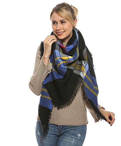 Women Plaid Blanket Scarf for Winter Fall  Blue Oversized Large Big Soft Warm Cozy Tartan Fuzzy Knit Cashmere Feel Wraps and Shawls for Christmas Fashion