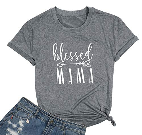 JINTING Blessed Mama Tee Shirt for Women Short Sleeve Letter Printed Graphic Mama Gifts Tee Shirts S Grey