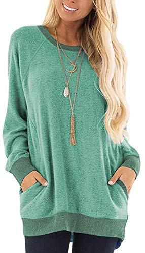 Womens Baggy Long Sleeve Sweatshirts Comfy Sweaters Color Block Blouses Tops T Shirts Green XL