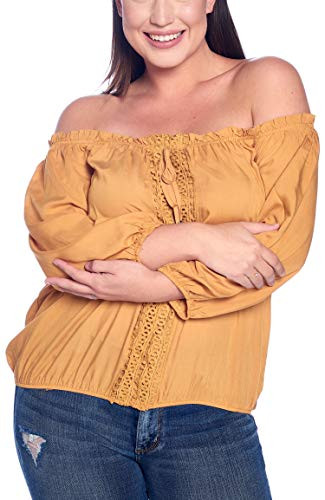 Women s Junior Plus Size Off Shoulder Embroidered Embellishment 3/4 Sleeve Top Mustard 2X