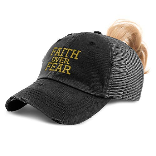 Womens Ponytail Cap Faith Over Fear Embroidery Cotton Distressed Trucker Hats Strap Closure Black