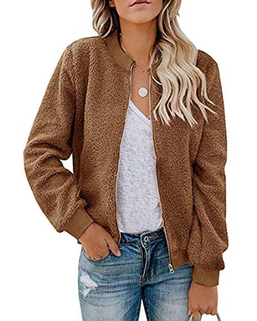 MIROL Women s Sherpa Fleece Jacket Faux Fuzzy Long Sleeve Casual Zip Up Bomber Coat with Pockets Brown