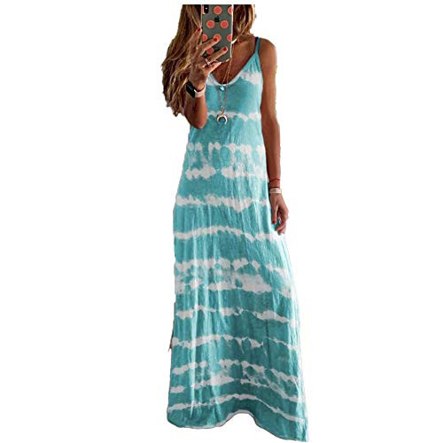 Womens Summer Boho Maxi Dress Loose Casual V Neck Sleeveless Gradient Tie Dye Print Vest Swing Long Beach Tank Tunic DressesXL Green