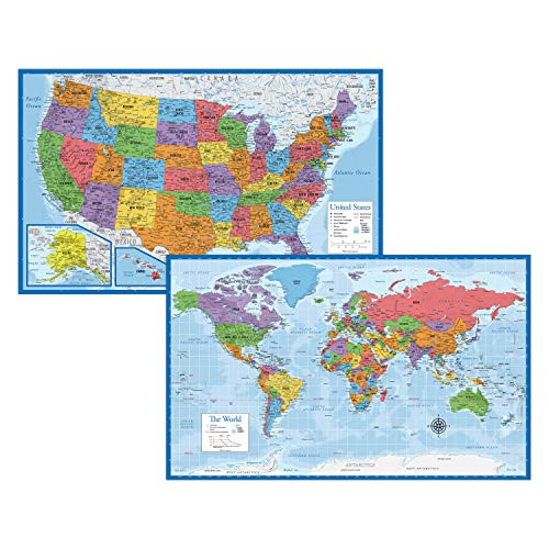 Laminated World Map  US Map Poster Set  18  x 29   Wall Chart Maps of The World  United States  Made in The USA  Updated for 2020 Laminated 18  x 29