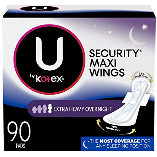 U by Kotex Security Feminine Maxi Pad with Wings Overnight Extra Heavy Unscented 90 Count 3 Packs of 30 Packaging May Vary