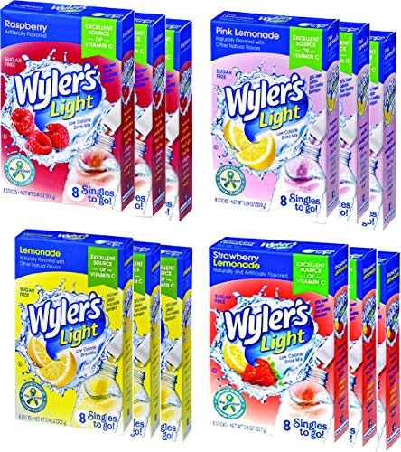Wyler s Light Singles To Go Powder Packets Water Drink Mix 4 light Flavors Variety Pack Raspberry Pink LemonadeStrawberry LemonadeLemonade  3 boxes of each color 12 Pack
