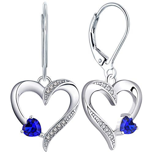 YL Heart Earrings Sterling Silver Created Sapphire Heart Dangle Drop Earrings Leverback Jewelry for Women