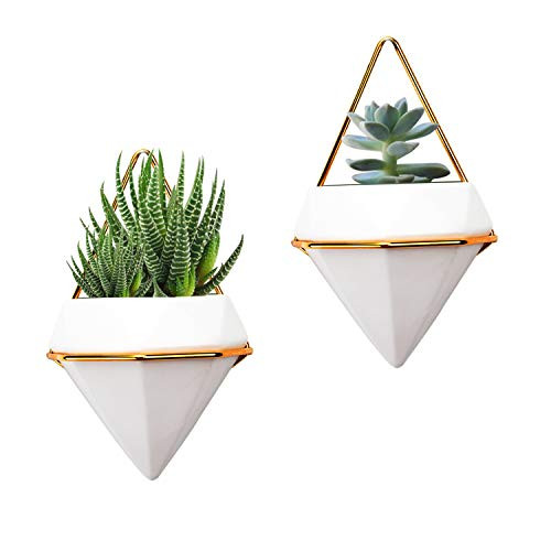 2 Pack Hanging Planter Vase Geometric Wall Decor Ceramic Container Wall Planters Hanging with Metal Frame for Succulent Plants Air Plant Mini Cactus Faux Plants Small WhiteGold