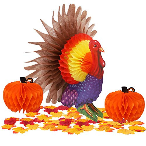 yosager 3 Pack Thanksgiving Table Decorations Tissue Turkey and Pumpkin with 50 Pcs Artificial Maple Leaves Honeycomb Decor Thanksgiving Centerpiece Party Accessory Table Supplies