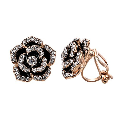 Yoursfs Clip Earrings Gold Plated Black Rose Flower Crystal Fashion Earrings