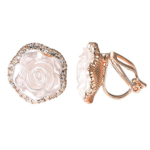 Yoursfs Clip Earrings For Women Flower White Rose Flower Gold Plated Earring Enamel