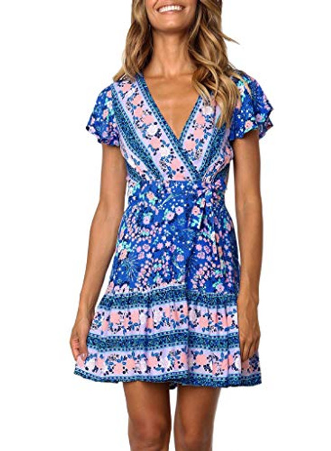 ZESICA Women s Summer Wrap V Neck Bohemian Floral Print Ruffle Swing A Line Beach Mini Dress Blue