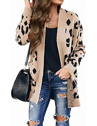 ZESICA Women s Long Sleeves Open Front Leopard Print Button Down Knitted Sweater Cardigan Coat Outwear with Pockets