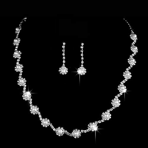 Aukmla Bride Wedding Pearl Necklace Earrings Set Silver Crystal Necklaces Jewelry Accessories for Women and Girls Set of 3