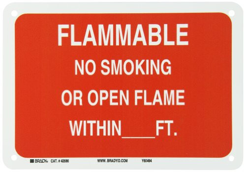 Brady 42686 10  Width x 7  Height B 555 Aluminum  White on Red Chemical and Hazardous Materials Sign  Legend  Flammable No Smoking Or Open Flame Within    Feet