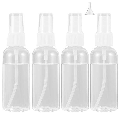 4 Pack Small Travel Spray Bottle  Empty Fine Mist Clear Plastic Mini Travel Size Spray Bottle Set  Small Refillable Liquid Containers with 1pcs Funnels and 6pcs Labels 3 3oz 100ml