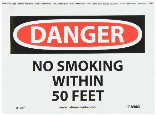 NMC D124P OSHA Sign  Legend  DANGER   NO SMOKING WITHIN 50 FEET   10  Length x 7  Height  Pressure Sensitive Vinyl  Black Red on White