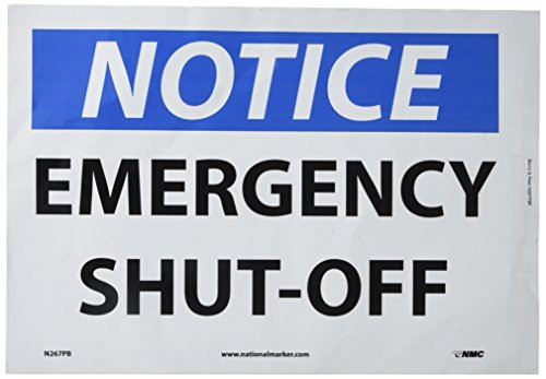 NMC N267PB OSHA Sign Legend NOTICE EMERGENCY SHUT OFF 14 Length x 10 Height Pressure Sensitive Vinyl Black Blue on White NMC N267PB OSHA Sign Legend NOTICE EMERGENCY SHUT OFF 14 Length x 10 Height Pressure Sensitive Vinyl Black Blue on White