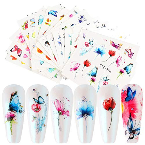 LAKYTION 18 Sheets Butterfly Nail Art Stickers Water Transfer Nail Decals Butterflies Flowers for Nails Art Design Butterfly Nail Decals Manicure Tips Wraps Nail Art DIY