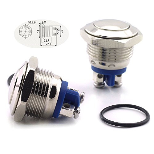 Magic&shell 2PCS DC 36V 2A Metal Flat Momentary Push Button Switch Waterproof Stainless Steel Metallic Luster Metal Switch Start Horn Button Round Head 16mm