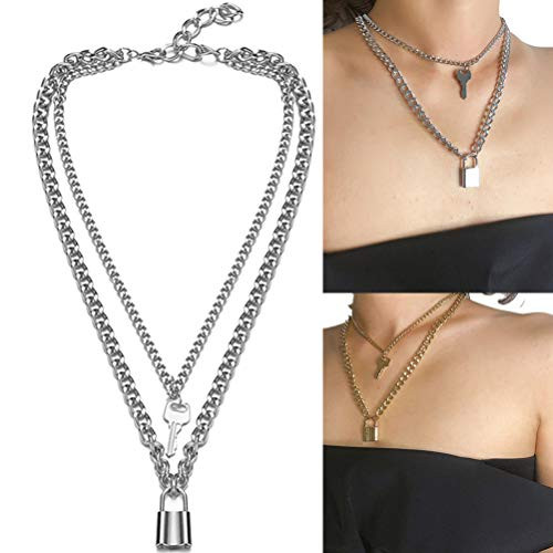 Lock Key Pendant Necklace Long Chain Punk Choker Key Padlock Y Necklace Multilayer Chain Hip Hop Personalized Jewelry  Silver  19 7inches Lock Key Pendant Necklace Long Chain Punk Choker Key Padlock Y Necklace Multilayer Chain Hip Hop Personalized Jewelry  Silver  19 7inches
