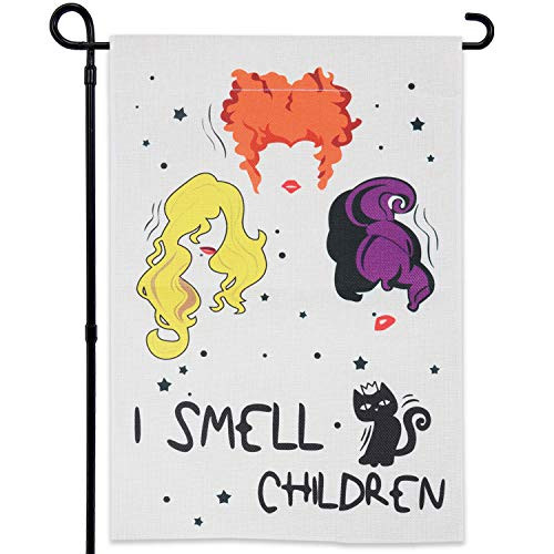 GEGEWOO Halloween Hocus Pocus Burlap Garden Flag I Smell Children Double Sided Flags  Cute Black Cat and Sanderson Sisters Yard Outdoor Decoration 12 x 18 Inch