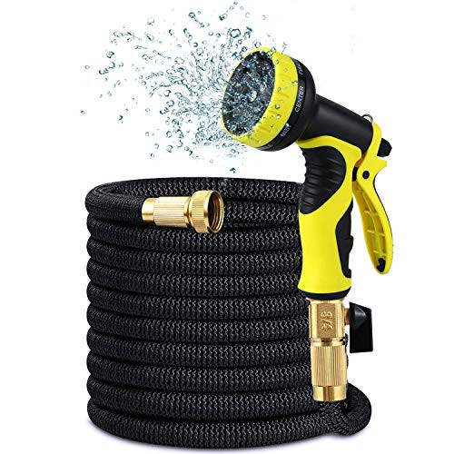 50ft Garden Hose - 2019 Improved Expandable Water Hose with Double Latex Core, 3/4" Solid Brass Fittings, Extra Strength Fabric - Flexible Expanding Hose with 9 Function Spray Nozzle (Yellow-1)