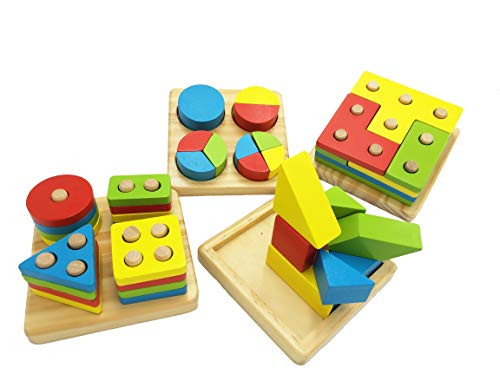 May & Z Montessori 4 in 1 Wooden Stacking Toy of Shapes Puzzle for Geometric Shape Sorter and Sorting Board for Preschool Educational Toddlers
