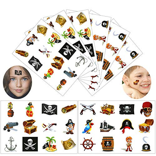Konsait Pirate Tattoo 96PCS   Pirate Temporary Tattoo Fake Neverland Pirated Cannon Powder Wheel Jake Captain Tattoo Body Sticker for Pirate Birthday Party Favors Supplies for Kids Boys Girls