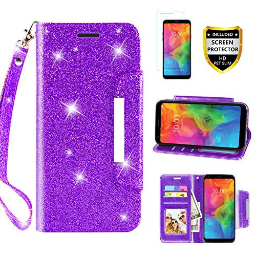 LG Q7 Case  LG Q7 Plus Case  Case for LG Q7  LG Q7 Alpha Q7?  with Screen Protector  TPU   Leather Bling Glitter Flip Wallet Case with Kickstand Credit Card Holder Slot for Girls Women  Purple