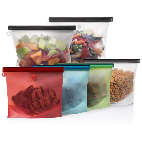 Katchy Kitchen Reusable Silicone Food Storage Bags | NEW DESIGN - 6 Airtight Zip Seal Containers - Keep Food Fresh - Cooking Sous Vide, Lunch, Snack, Sandwich, Freezer, FDA Grade | 2-Large, 4-Medium