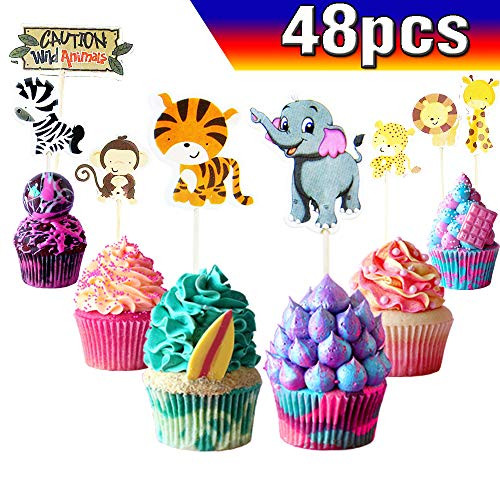 Jungle Animal Cupcake Toppers Zoo Animal Cake Toppers 48PCS  Jungle Animal Happy Birthday Party Supplies Cake Decorations for Jungle Animal fans  Kids Birthday Party