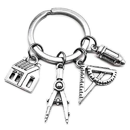 Amosfun Architect Teacher Keychain Pencil House Compass Geometry Ruler Keyring
