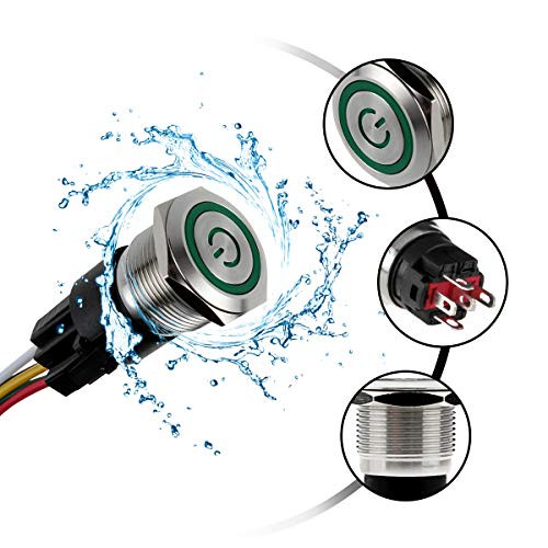Senzeal 22mm Momentary Push Button Switch Stainless Steel 12V ON Off Switch with Green LED Light Self Reset Push Switch for 22mm 7 8  Mounting Hole