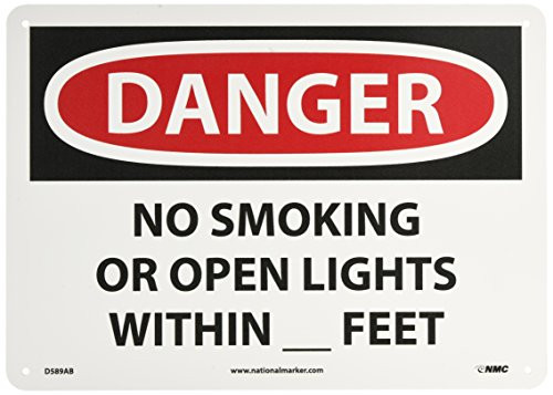 NMC D589AB OSHA Sign  Legend  DANGER   NO SMOKING OR OPEN LIGHTS WITHIN   FEET   14  Length x 10  Height  Aluminum  Black Red on White