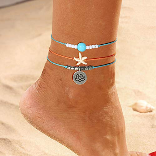 Aimitery Boho Layered Anklets Silver Beach Sandal Star Ankle Bracelet with Seashell Pendant Turquoise Foot Chain Jewelry for Women and Girls