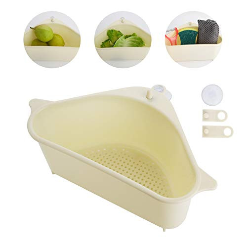 Keador Sink Strainer Basket  Sink Drain Shelf  Storage Rack Sucker  Triangular Multifunctional Drain Shelf  Sink Sponge Holder for Kitchen Bathroom Support Corner  Beige
