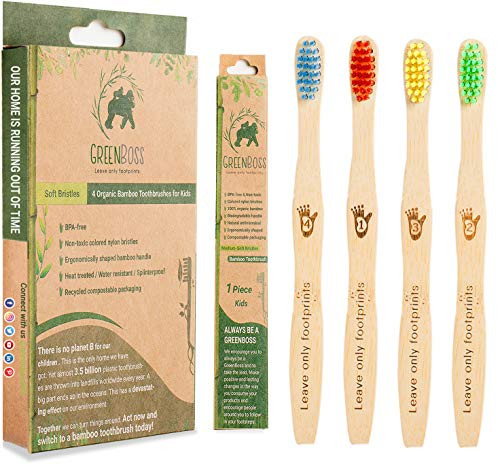 GreenBoss Bamboo Toothbrush with Charcoal Infused Bristles  Medium Soft    Pack of 4 Eco Friendly  100 Organic and Biodegradable Toothbrushes for Adults  Kids 4 Pack