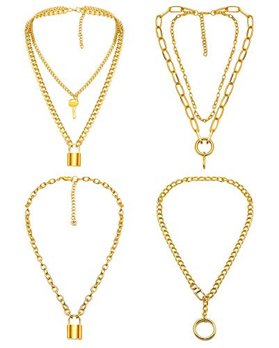 FUNEIA 4PCS Lock Key Pendant Necklace for Women Men Statement Punk Long Multilayer Chain Choker Y Necklace