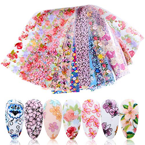 Flower Nail Foil Transfer Stickers Foils Nails Supply 16 Sheets Floral Nail Transfers Decals Foil Nail Art Stickers Starry Sky Manicure Design Nail Foils Paper for Women Acrylic Nail Decorations