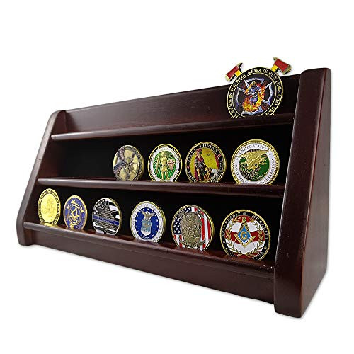 AtSKnSK 3 Rows Shelf Challenge Coin Display Stand Casino Chip Holder Rack, Mahogany Finish