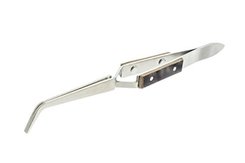 SE 6 1 2  Curve Tipped Cross Locking Tweezers with Fiber Grip   TW509FG