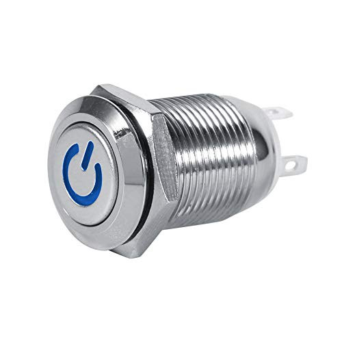 Qiilu 12mm 1 2  Power Push Button ON Off Latching Switch Metal Momentary Button Switch with Blue LED 3V