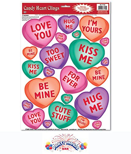 Valentine Candy Heart Glass Clings 12in  x 17in  Sheet 1 Pkg