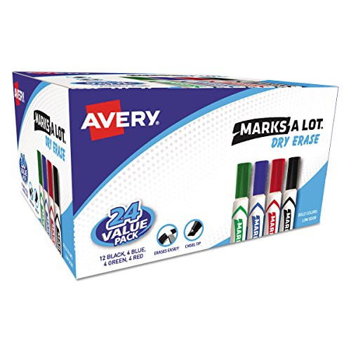 Avery 98188 MARK A LOT Desk-Style Dry Erase Marker, Chisel Tip, Assorted (Pack of 24)