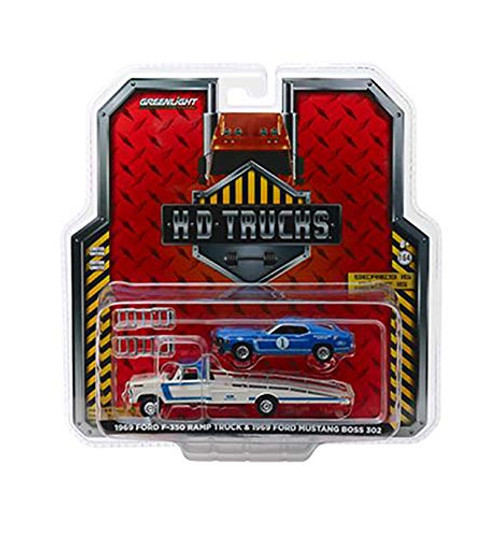 DIECAST 1:64 HD Trucks Series 15-1969 Ford F-350 RAMP Truck - Ford Performance with 1969 Ford Mustang BOSS 302#1 Mustang Clubs Racing Team (Blue/White) 33150-A by Greenlight DIECAST 1:64 HD Trucks Series 15-1969 Ford F-350 RAMP Truck - Ford Performance with 1969 Ford Mustang BOSS 302#1 Mustang Clubs Racing Team (Blue/White) 33150-A by Greenlight