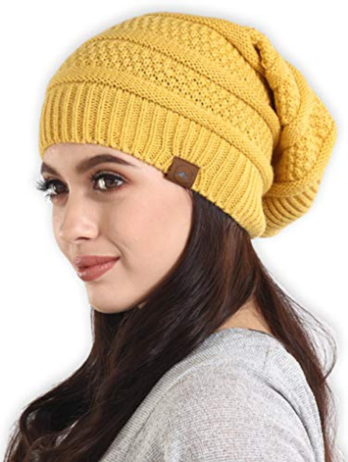 Slouchy Cable Knit Beanie for Men   Women   Winter Toboggan Hats for Cold Weather   Oversized Slouch Beanie Cap Mustard