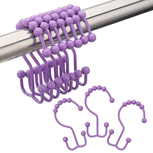 Amazer Shower Curtain Hooks Rings  Stainless Steel Shower Curtain Rings Metal Double Glide Shower Hooks for Bathroom Shower Rods Curtains  Purple  Set of 12 Hooks