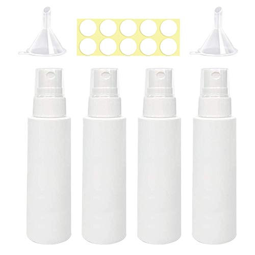 MSQ Spray Bottles  4oz 100ml White Empty Fine Mist Plastic Mini Travel Bottle Set  Small Refillable Liquid Containers Cosmetic Containers with 2pcs Funnels and 10pcs Labels  4 Pack