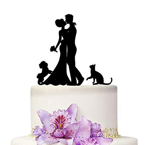 YAMI COCU Wedding Cake Toppers   Bride and Groom with Cat and Dog Rustic Anniversary Acrylic Cake Topper
